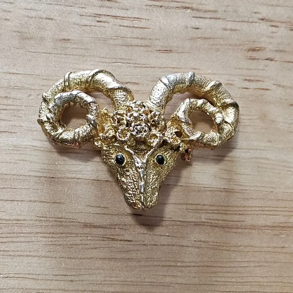 Vintage Gold Ram's Head Brooch with Ornate Twisted Horns